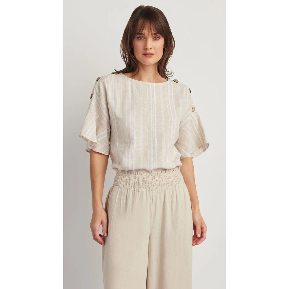NWT ELLEN TRACY S linen blend white tan stripe coconut buttons loose top shirt
